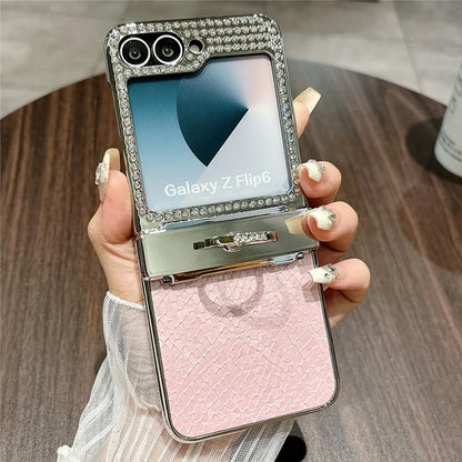 For Samsung Galaxy Z Flip6 5G Case Fish Scale Texture Ring Holder PC Rhinestone Phone Cover