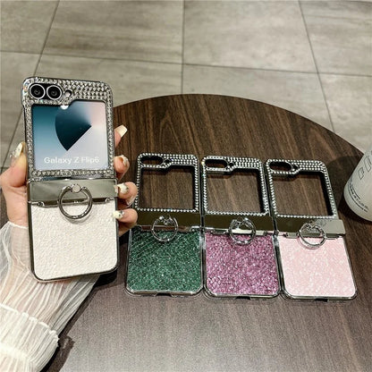 For Samsung Galaxy Z Flip6 5G Case Fish Scale Texture Ring Holder PC Rhinestone Phone Cover
