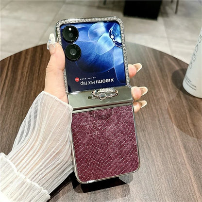 For Xiaomi Mix Flip 5G Case Fish Scale Texture Ring Holder PC Rhinestone Phone Cover