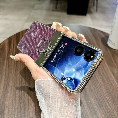 For Xiaomi Mix Flip 5G Case Fish Scale Texture Ring Holder PC Rhinestone Phone Cover
