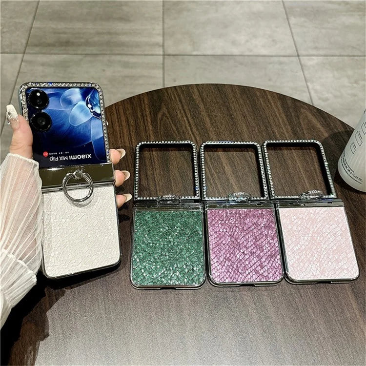 For Xiaomi Mix Flip 5G Case Fish Scale Texture Ring Holder PC Rhinestone Phone Cover