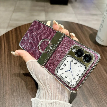For Huawei nova Flip 5G Case Fish Scale Texture Ring Holder PC Rhinestone Phone Cover