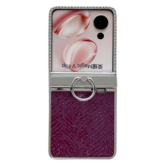 For Honor Magic V Flip 5G Case Fish Scale Texture Ring Holder PC Rhinestone Phone Cover