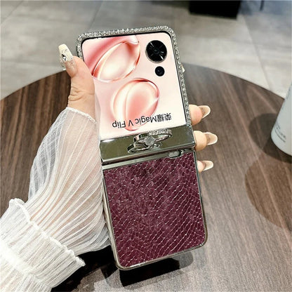 For Honor Magic V Flip 5G Case Fish Scale Texture Ring Holder PC Rhinestone Phone Cover