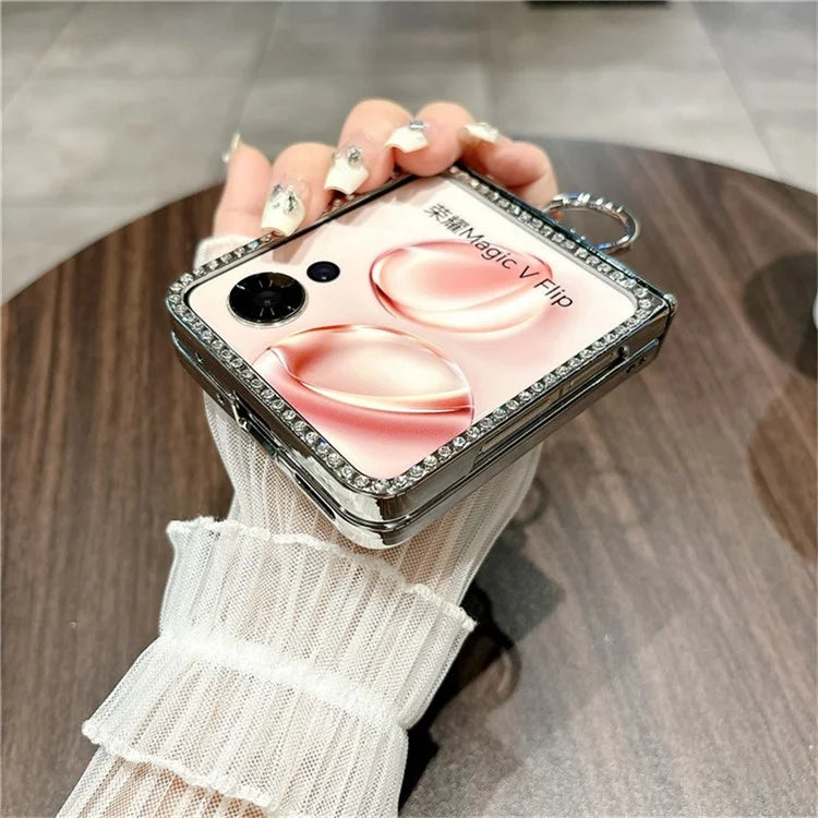 For Honor Magic V Flip 5G Case Fish Scale Texture Ring Holder PC Rhinestone Phone Cover