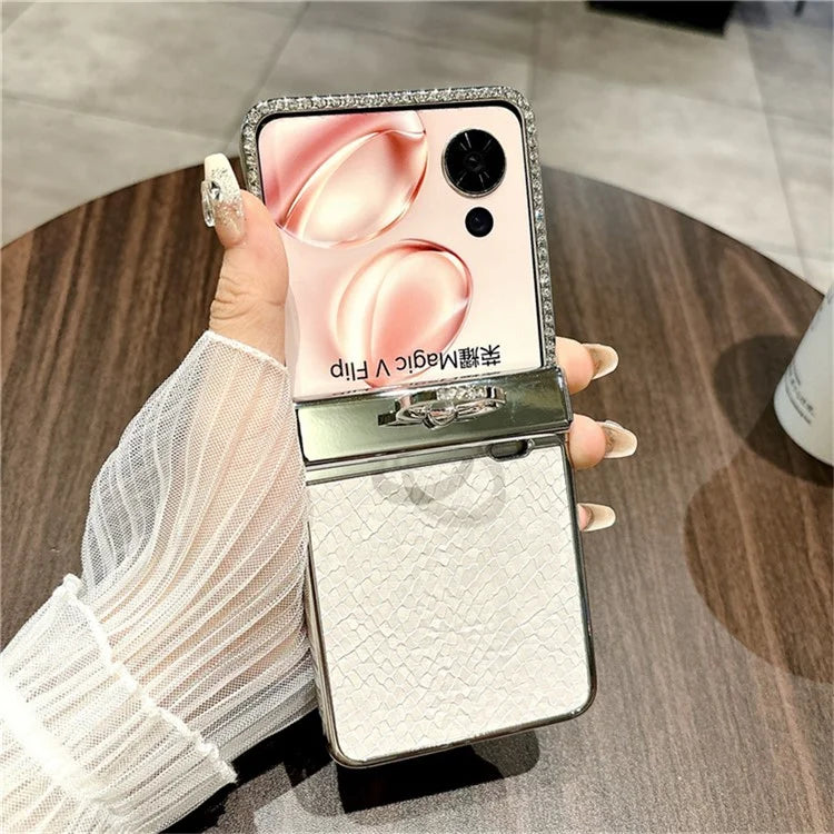 For Honor Magic V Flip 5G Case Fish Scale Texture Ring Holder PC Rhinestone Phone Cover