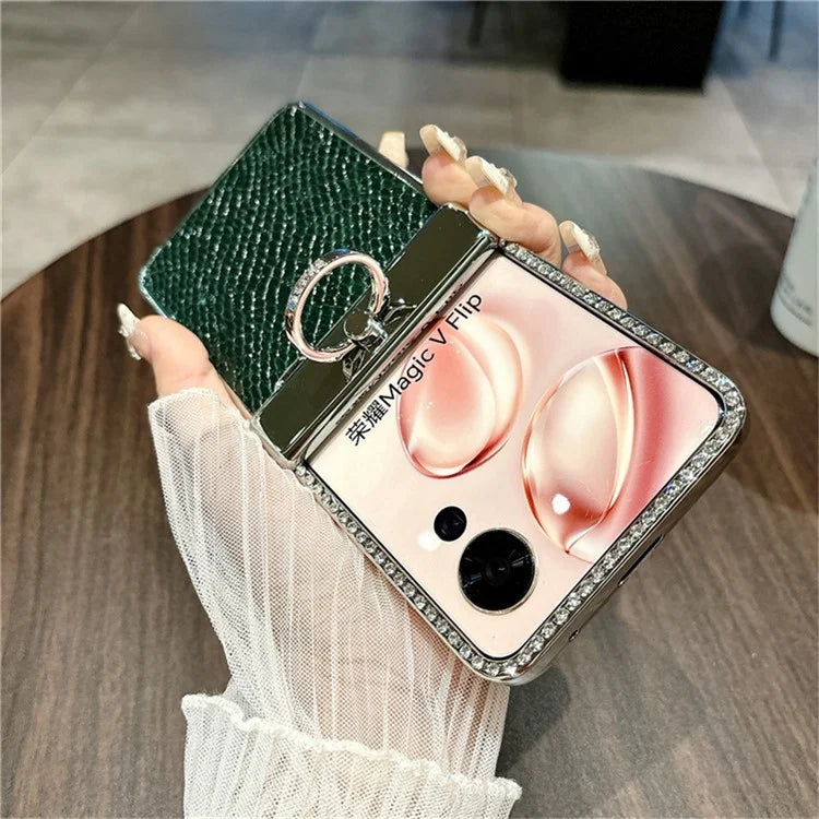 For Honor Magic V Flip 5G Case Fish Scale Texture Ring Holder PC Rhinestone Phone Cover
