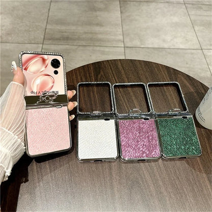 For Honor Magic V Flip 5G Case Fish Scale Texture Ring Holder PC Rhinestone Phone Cover