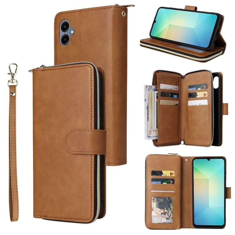 For Samsung Galaxy A06 Case Zipper Pocket PU Leather Phone Cover with Hand Strap