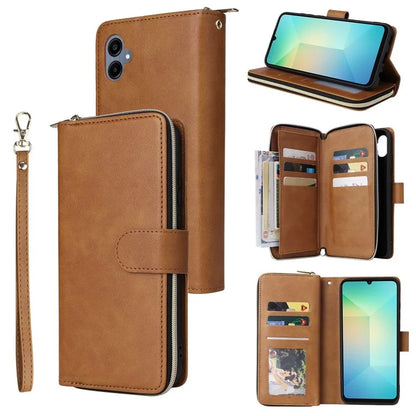 For Samsung Galaxy A06 Case Zipper Pocket PU Leather Phone Cover with Hand Strap
