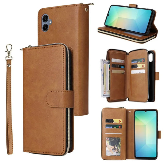 For Samsung Galaxy A06 Case Zipper Pocket PU Leather Phone Cover with Hand Strap