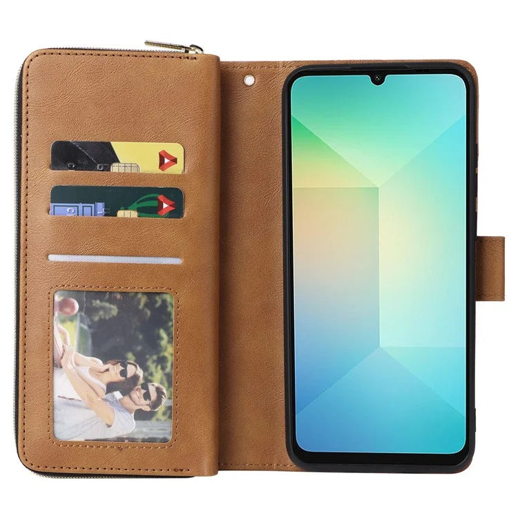 For Samsung Galaxy A06 Case Zipper Pocket PU Leather Phone Cover with Hand Strap