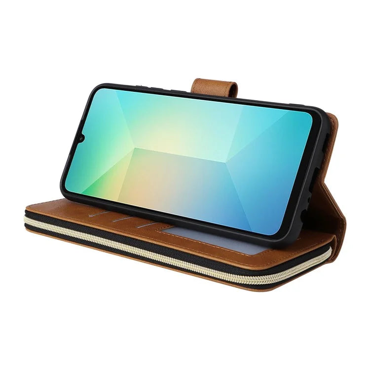 For Samsung Galaxy A06 Case Zipper Pocket PU Leather Phone Cover with Hand Strap