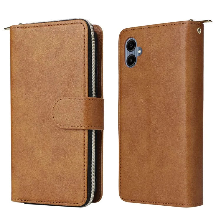 For Samsung Galaxy A06 Case Zipper Pocket PU Leather Phone Cover with Hand Strap