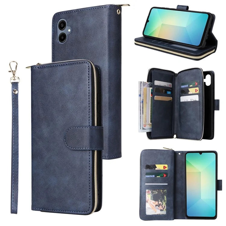 For Samsung Galaxy A06 Case Zipper Pocket PU Leather Phone Cover with Hand Strap