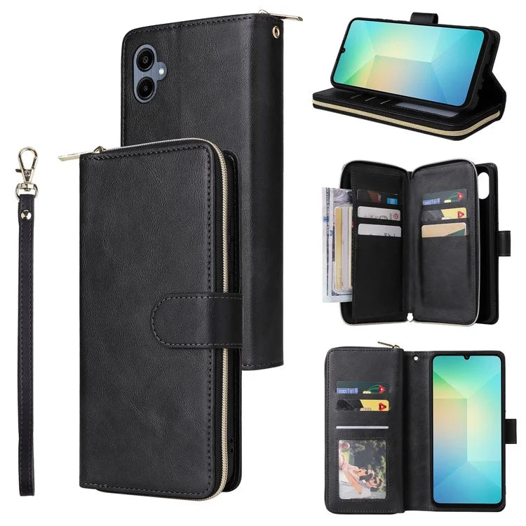 For Samsung Galaxy A06 Case Zipper Pocket PU Leather Phone Cover with Hand Strap