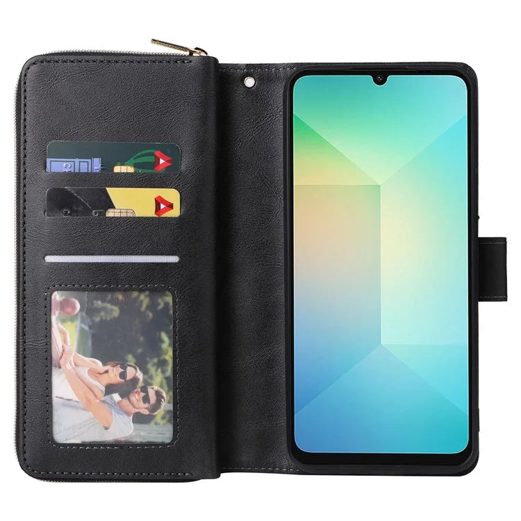 For Samsung Galaxy A06 Case Zipper Pocket PU Leather Phone Cover with Hand Strap