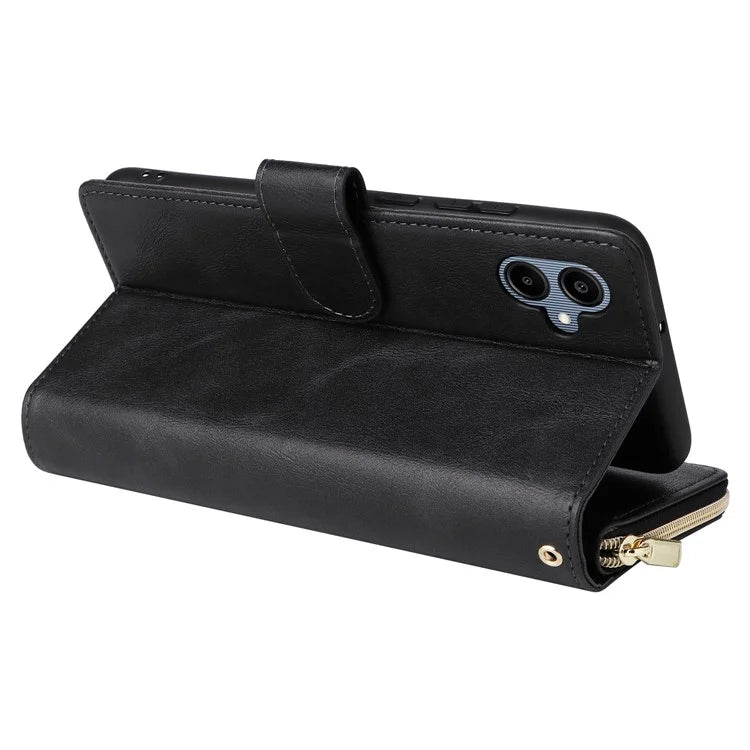 For Samsung Galaxy A06 Case Zipper Pocket PU Leather Phone Cover with Hand Strap
