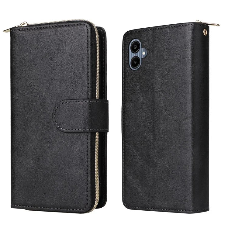 For Samsung Galaxy A06 Case Zipper Pocket PU Leather Phone Cover with Hand Strap