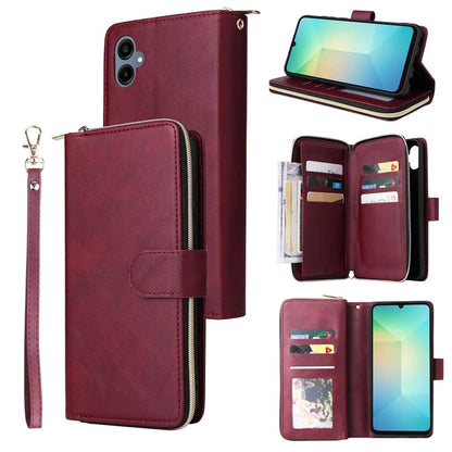 For Samsung Galaxy A06 Case Zipper Pocket PU Leather Phone Cover with Hand Strap