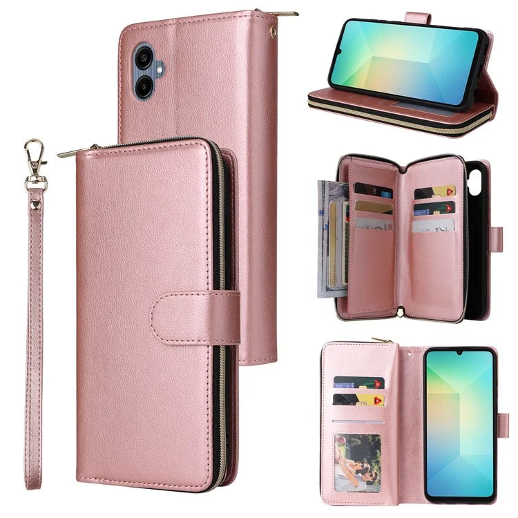 For Samsung Galaxy A06 Case Zipper Pocket PU Leather Phone Cover with Hand Strap