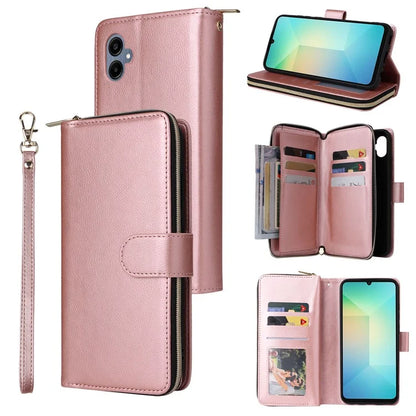 For Samsung Galaxy A06 Case Zipper Pocket PU Leather Phone Cover with Hand Strap