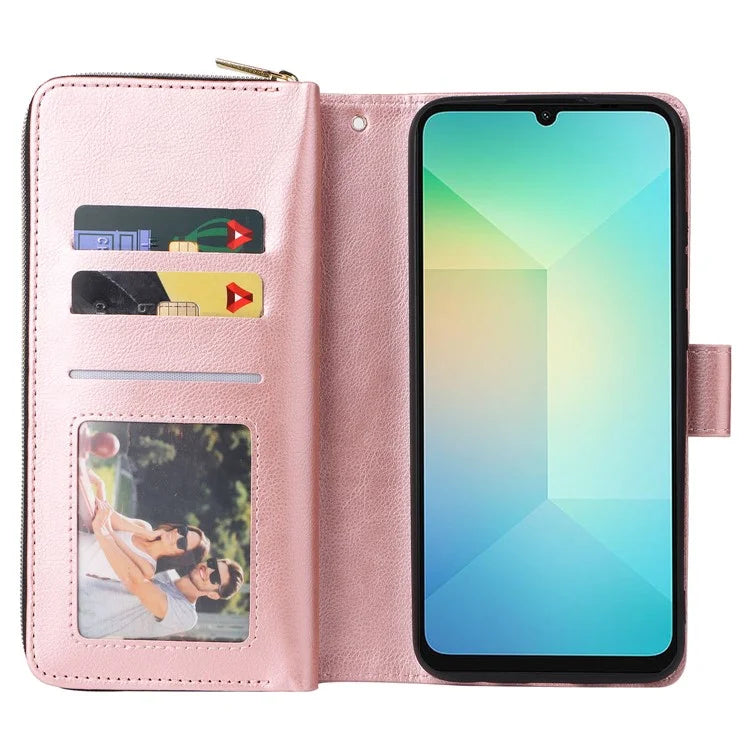 For Samsung Galaxy A06 Case Zipper Pocket PU Leather Phone Cover with Hand Strap