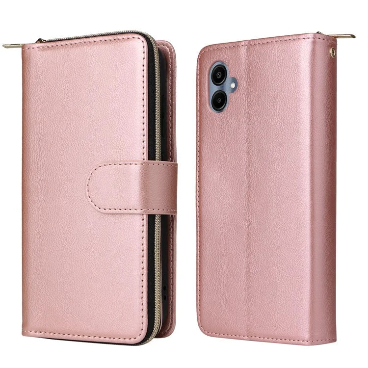 For Samsung Galaxy A06 Case Zipper Pocket PU Leather Phone Cover with Hand Strap
