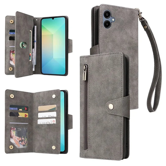 For Samsung Galaxy A06 Case Zipper Wallet Leather Stand Phone Cover Rivet Decor