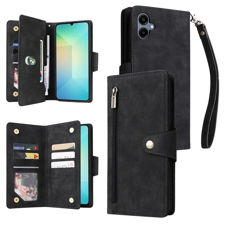 For Samsung Galaxy A06 Case Zipper Wallet Leather Stand Phone Cover Rivet Decor