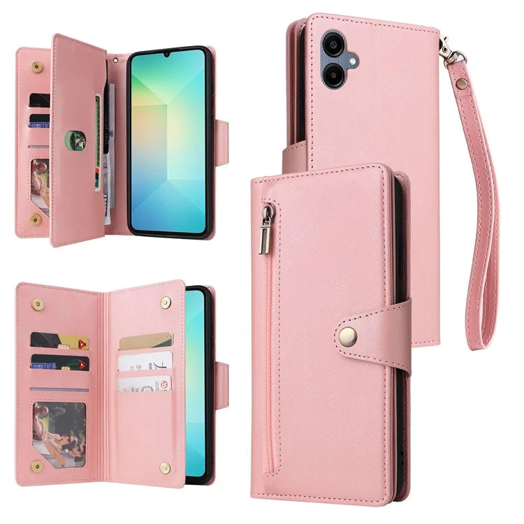 For Samsung Galaxy A06 Case Zipper Wallet Leather Stand Phone Cover Rivet Decor