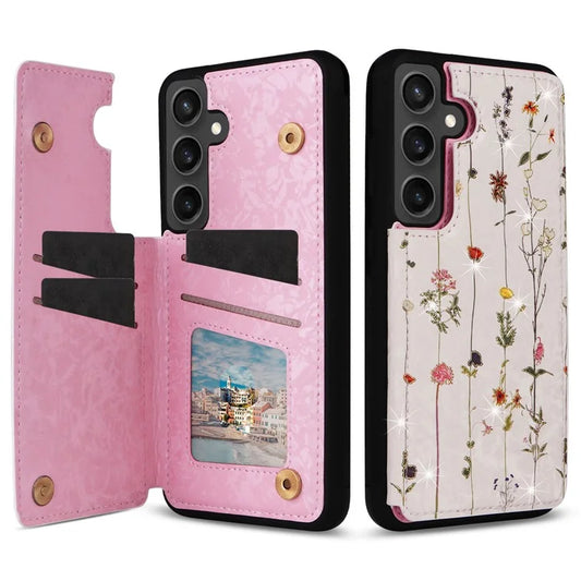 For Samsung Galaxy S24 FE Case Flower Leather+TPU RFID Blocking Phone Cover Card Slots