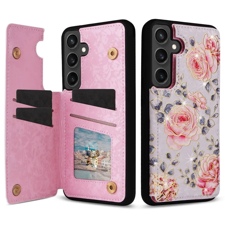 For Samsung Galaxy S24 FE Case Flower Leather+TPU RFID Blocking Phone Cover Card Slots