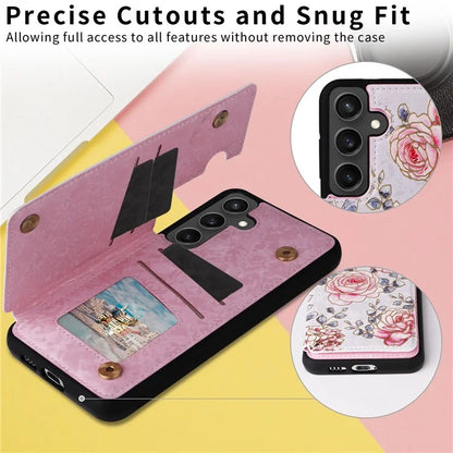 For Samsung Galaxy S24 FE Case Flower Leather+TPU RFID Blocking Phone Cover Card Slots