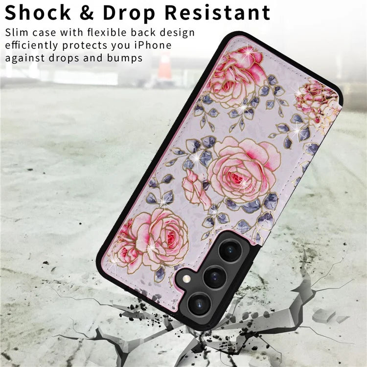 For Samsung Galaxy S24 FE Case Flower Leather+TPU RFID Blocking Phone Cover Card Slots