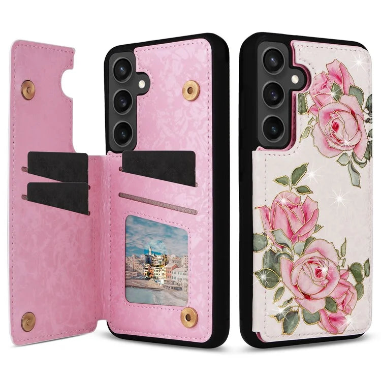For Samsung Galaxy S24 FE Case Flower Leather+TPU RFID Blocking Phone Cover Card Slots