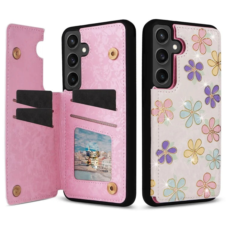 For Samsung Galaxy S24 FE Case Flower Leather+TPU RFID Blocking Phone Cover Card Slots