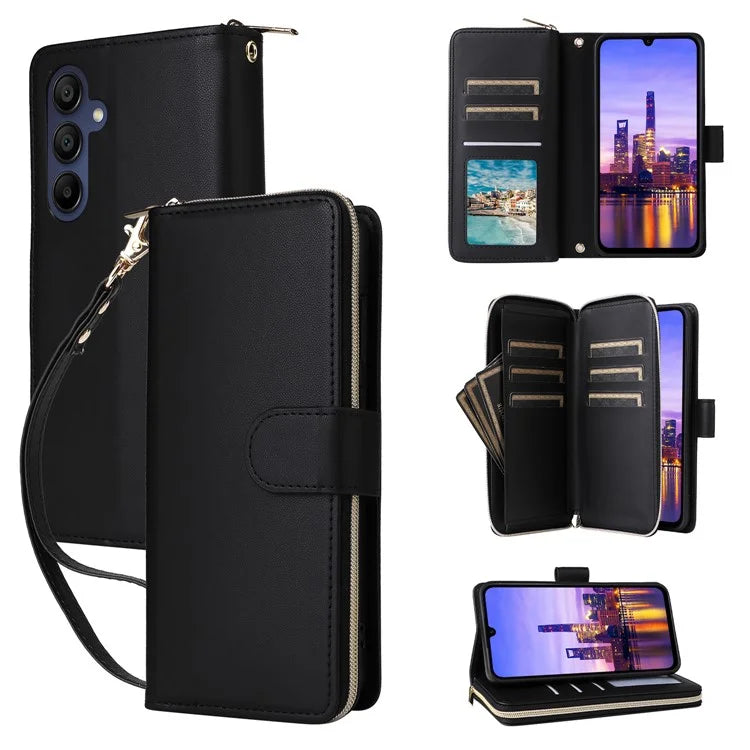 R20 For Samsung Galaxy A16 5G Case Zipper Pocket PU Leather Cover with 9 Card Slots