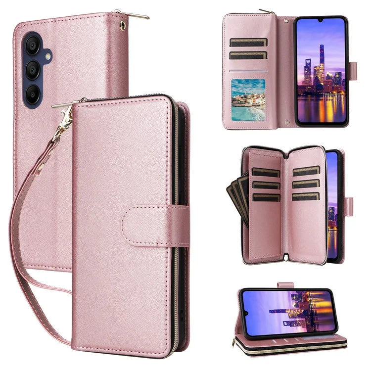 R20 For Samsung Galaxy A16 5G Case Zipper Pocket PU Leather Cover with 9 Card Slots