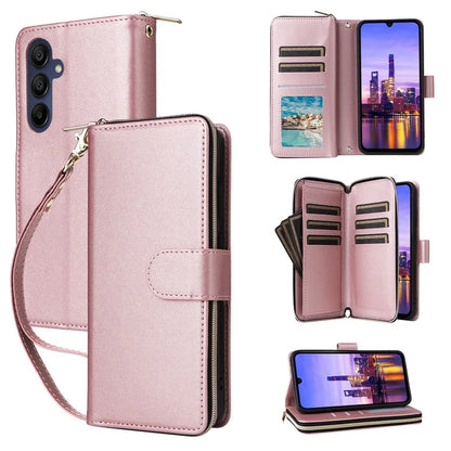 R20 For Samsung Galaxy A16 5G Case Zipper Pocket PU Leather Cover with 9 Card Slots
