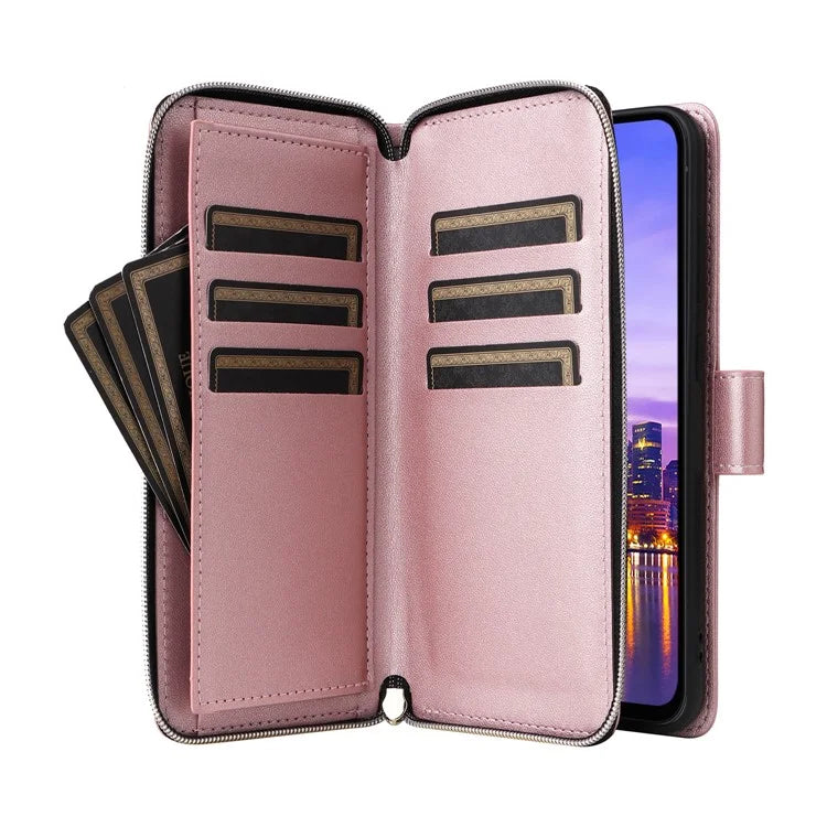 R20 For Samsung Galaxy A16 5G Case Zipper Pocket PU Leather Cover with 9 Card Slots