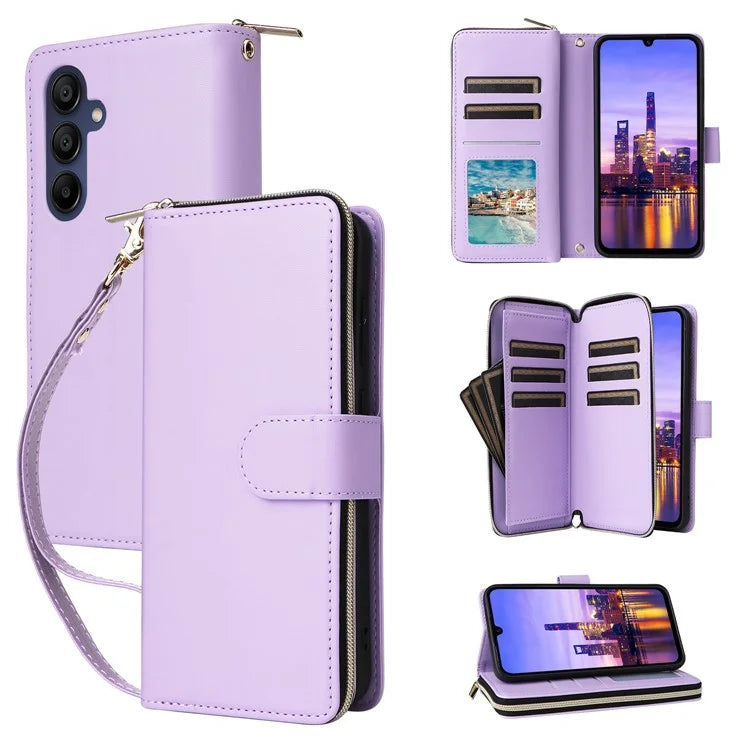 R20 For Samsung Galaxy A16 5G Case Zipper Pocket PU Leather Cover with 9 Card Slots