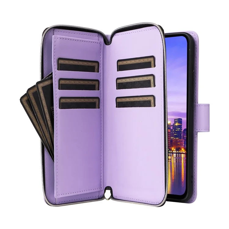 R20 For Samsung Galaxy A16 5G Case Zipper Pocket PU Leather Cover with 9 Card Slots