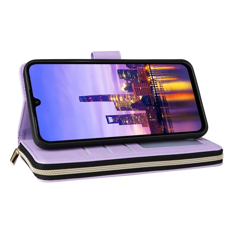 R20 For Samsung Galaxy A16 5G Case Zipper Pocket PU Leather Cover with 9 Card Slots