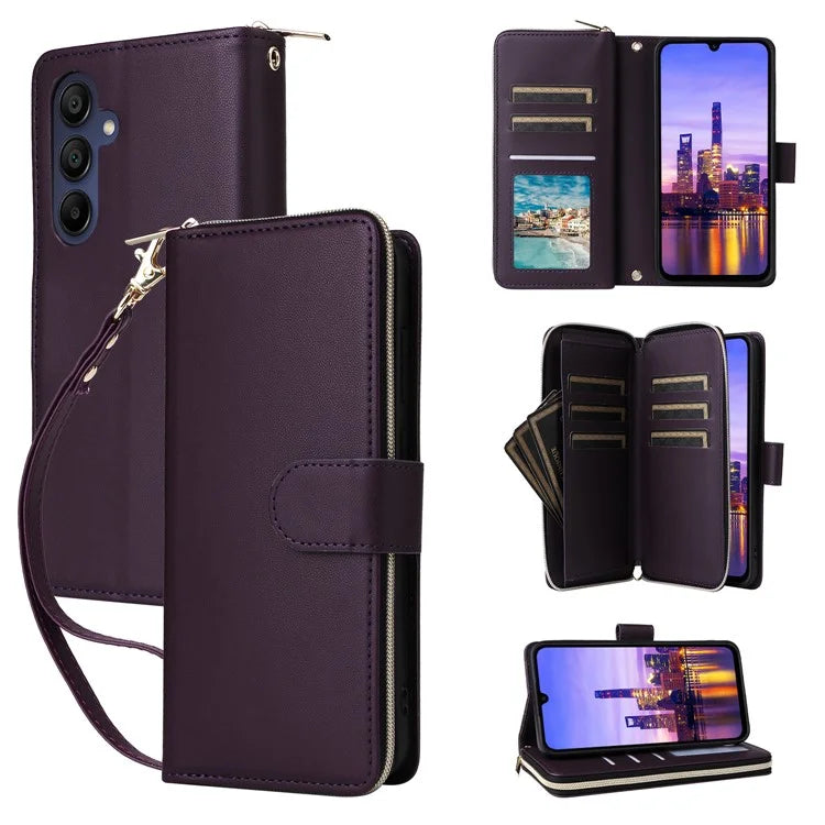 R20 For Samsung Galaxy A16 5G Case Zipper Pocket PU Leather Cover with 9 Card Slots