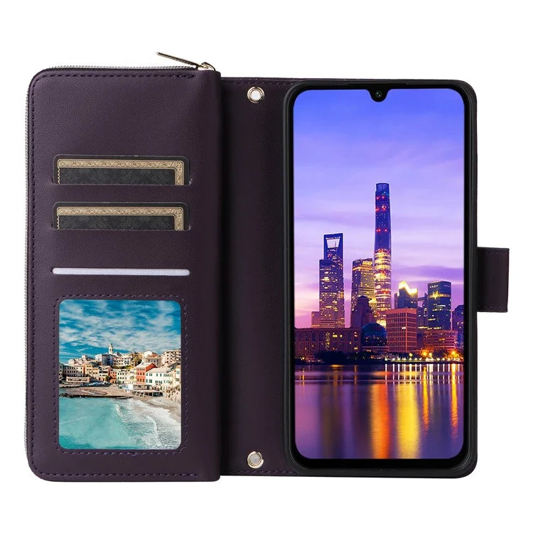 R20 For Samsung Galaxy A16 5G Case Zipper Pocket PU Leather Cover with 9 Card Slots