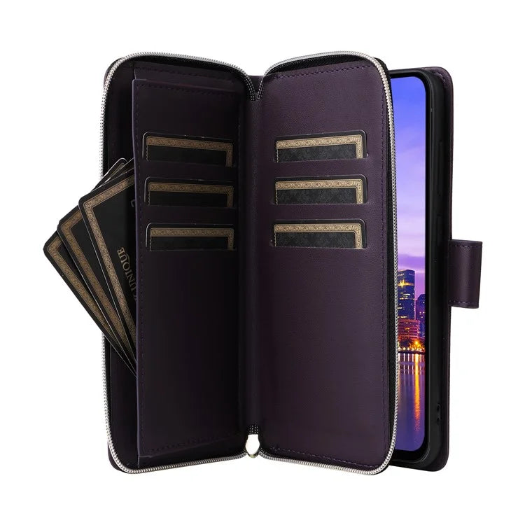 R20 For Samsung Galaxy A16 5G Case Zipper Pocket PU Leather Cover with 9 Card Slots