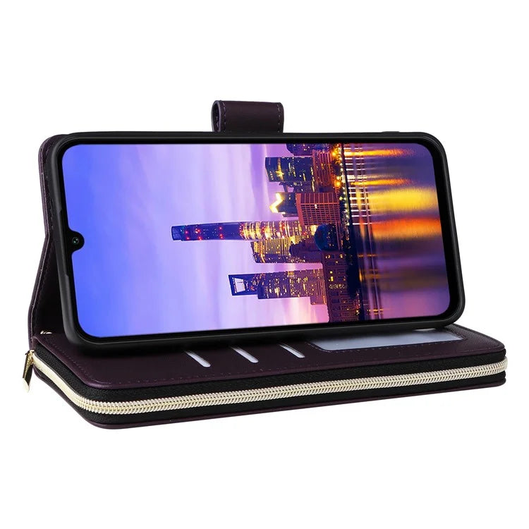 R20 For Samsung Galaxy A16 5G Case Zipper Pocket PU Leather Cover with 9 Card Slots