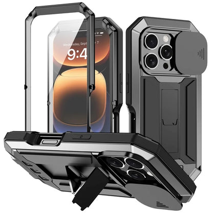 R-JUST For iPhone 16 Pro Kickstand Case Silicone+Metal+PC+Tempered Glass Screen Film Phone Cover