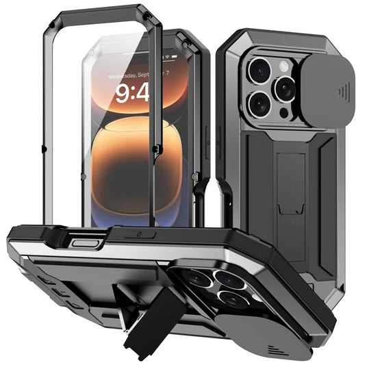 R-JUST For iPhone 16 Pro Kickstand Case Silicone+Metal+PC+Tempered Glass Screen Film Phone Cover